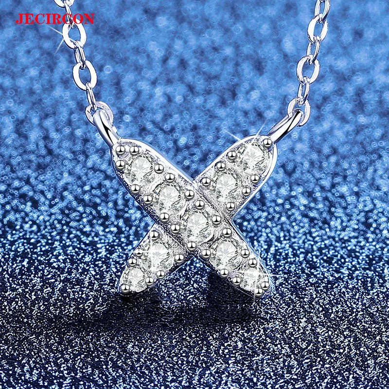 

JECIRCON S925 Sterling Silver Minimalist Korean-style X-shaped Pendant Necklace with Full Moissanite, Fashion Versatile Choker