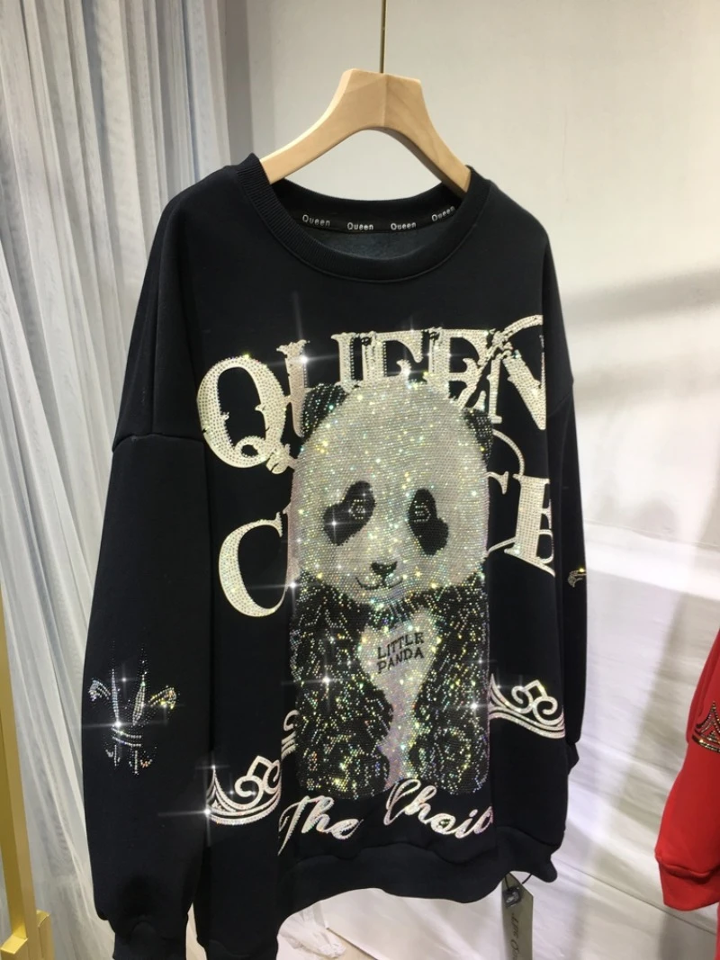 Velvet Padded Thickened Sweatshirt Heavy Embroidery Diamond Drills Cute Cartoon O-Neck Loose Oversize Top Autumn Winter New 2023