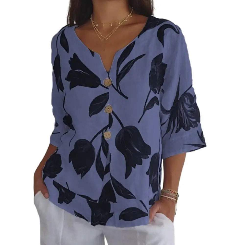 Women Printed V-neck Shirt Women Blouse Stylish V Neck Leaf Print Blouse for Women Retro Three Quarter Sleeve Shirt Soft