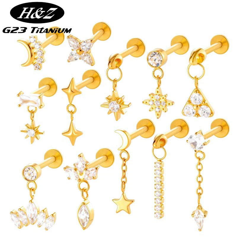 

1PC G23 Titanium Lip Nails Stud Earrings Internal Thread Lip Stud Rook Lobe Zircon Flower Stars Pendant Labret Piercing Jewelry