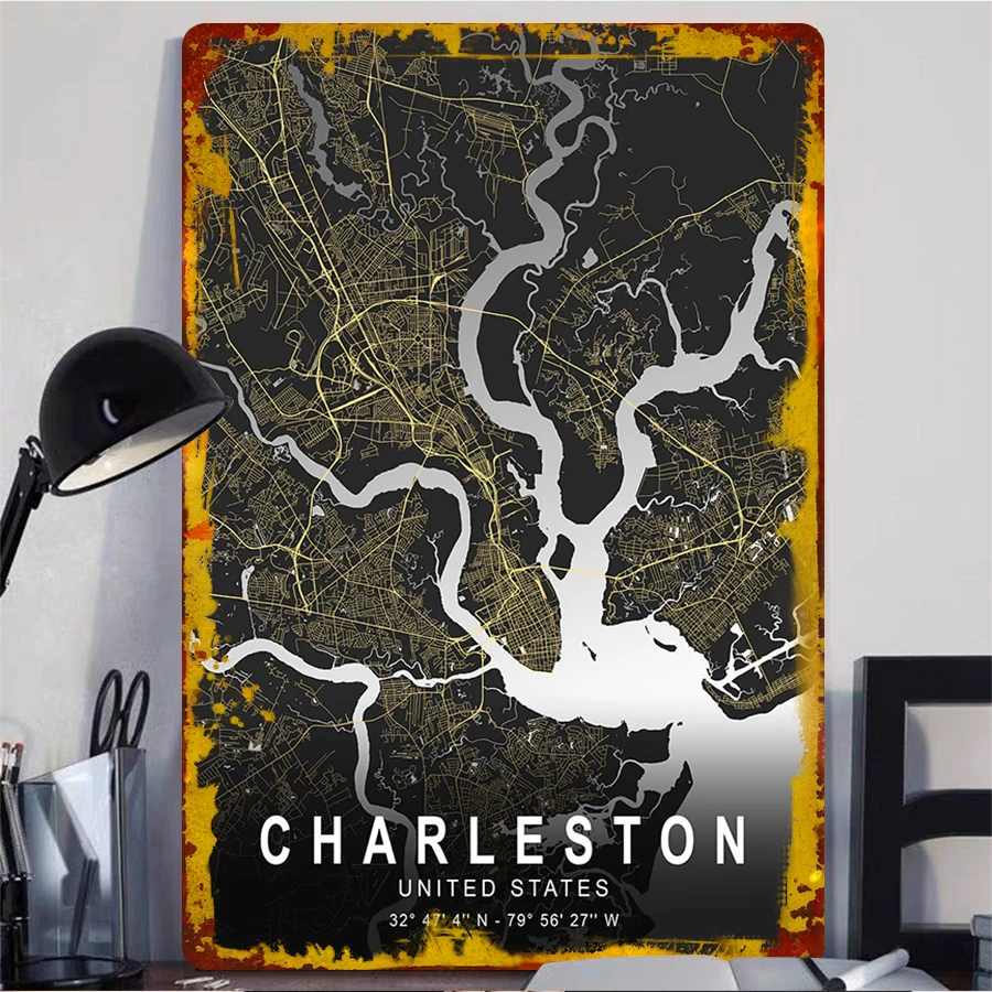 Charleston United States Map Metal Wall Art Custom City Skyline Decor 32°47'4N 79°56'27W