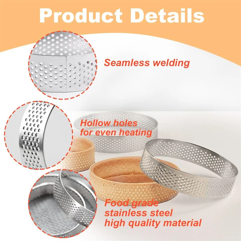 Stainless Steel Tart Ring, Heat-Resistant Perforated Cake Mousse Ring Round Double Rolled Tart Ring   Fruit Tarte Crust （6pcs）