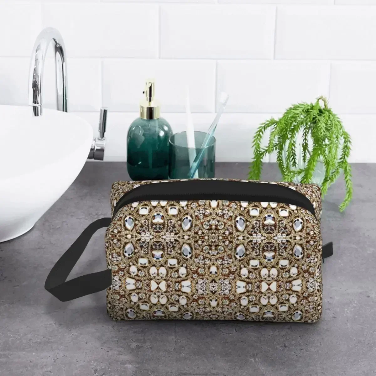 

Silver Travel Cosmetic Bag for Glitter Rhinestones Diamonds Makeup Toiletry Ladies Beauty Dopp Kit