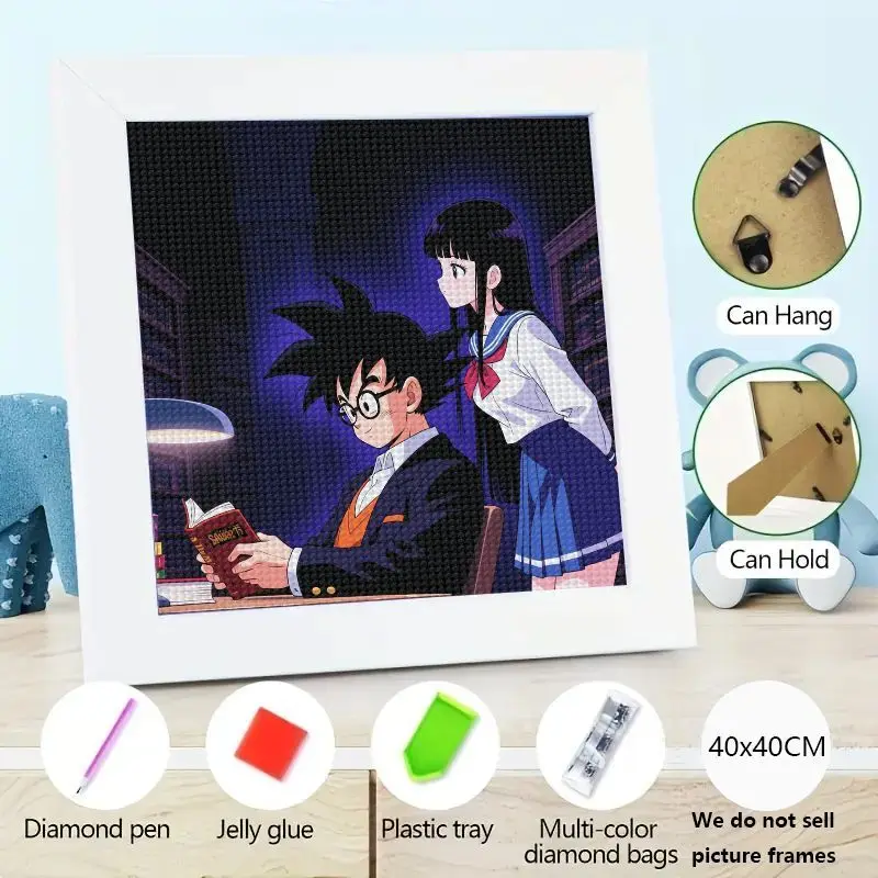 

1PC DIY 5D Full Drill Diamond Painting Kit, Anime Style Student Couple Studying in Library Scene, Round Rhinestone Diamond Art E