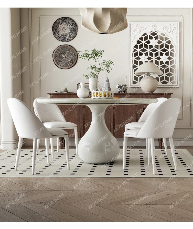 natural white ice jade marble dining table light luxury cream style solid wood round dining table