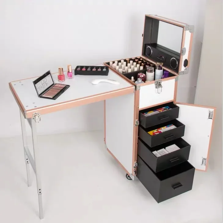 Nail Tech Tables Manicure, Workstation cosmética, Folding Rolling caso portátil, preto