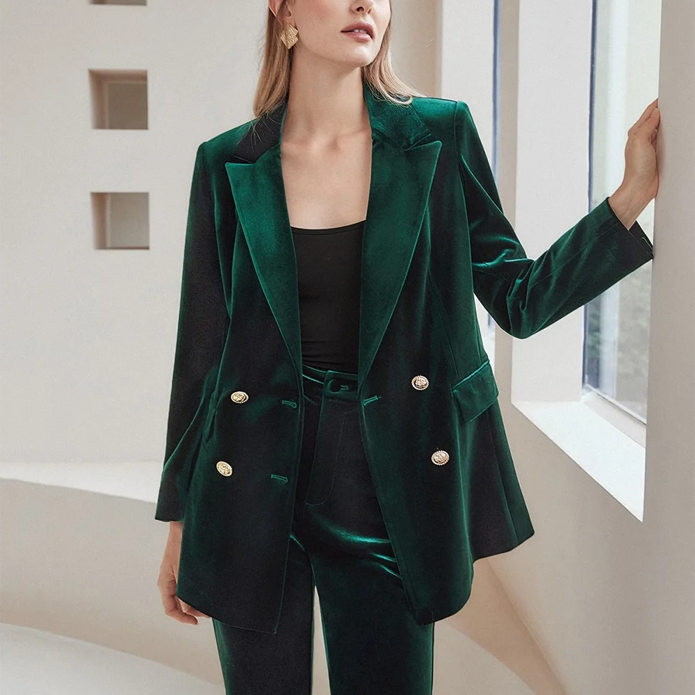 Customized Casual Women Suit Straight Casual Modern Outfits Peak Lapel Blazer Pants Velvet Elegant Evening Party Female Set