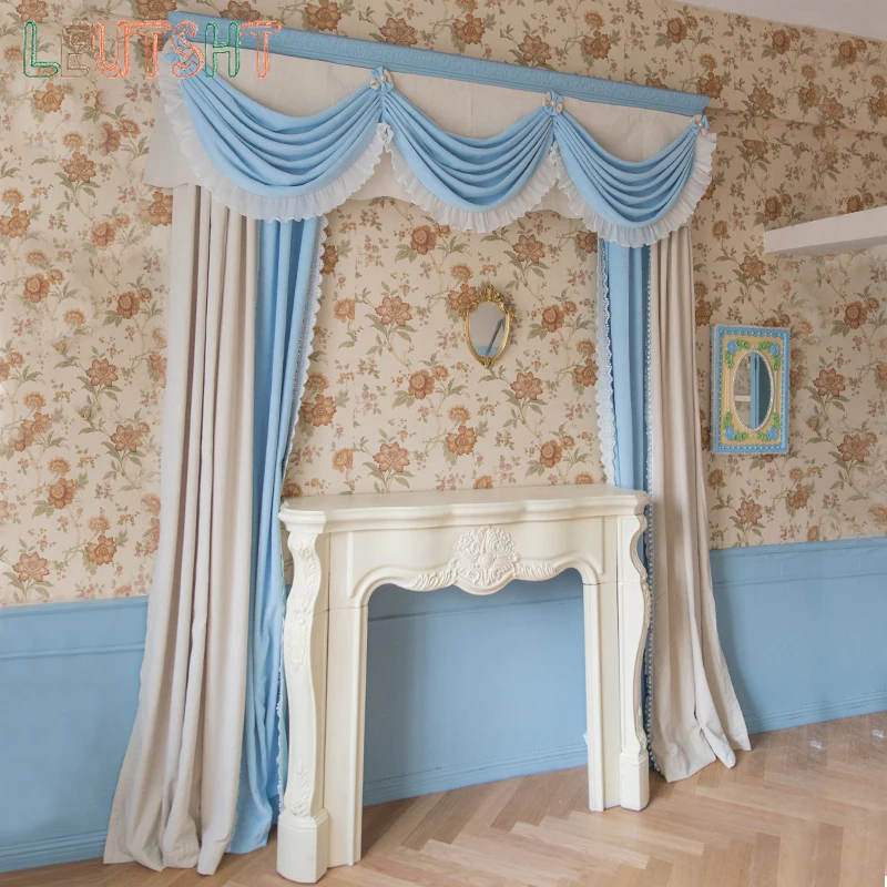 

French Curtains for Living dining Room Bedroom Simple Solid Color Baby Velvet Blue and Almond Color door curtain valance Window