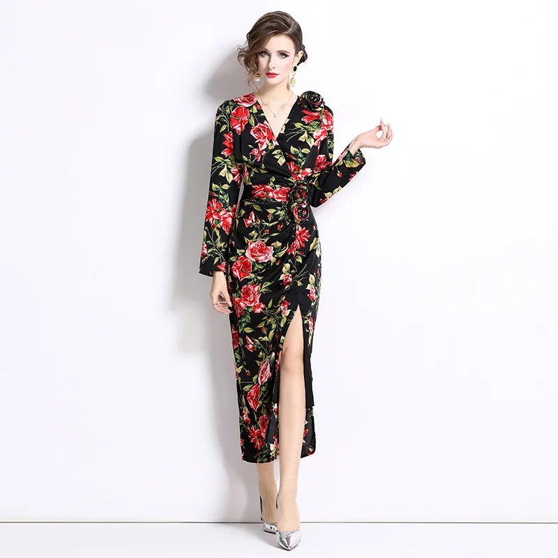 New French Vintage Autumn Flower Print Bodycon Slim Long Dress Elegant Women V Neck Rose Floral Deco Folds Split Party Vestidos