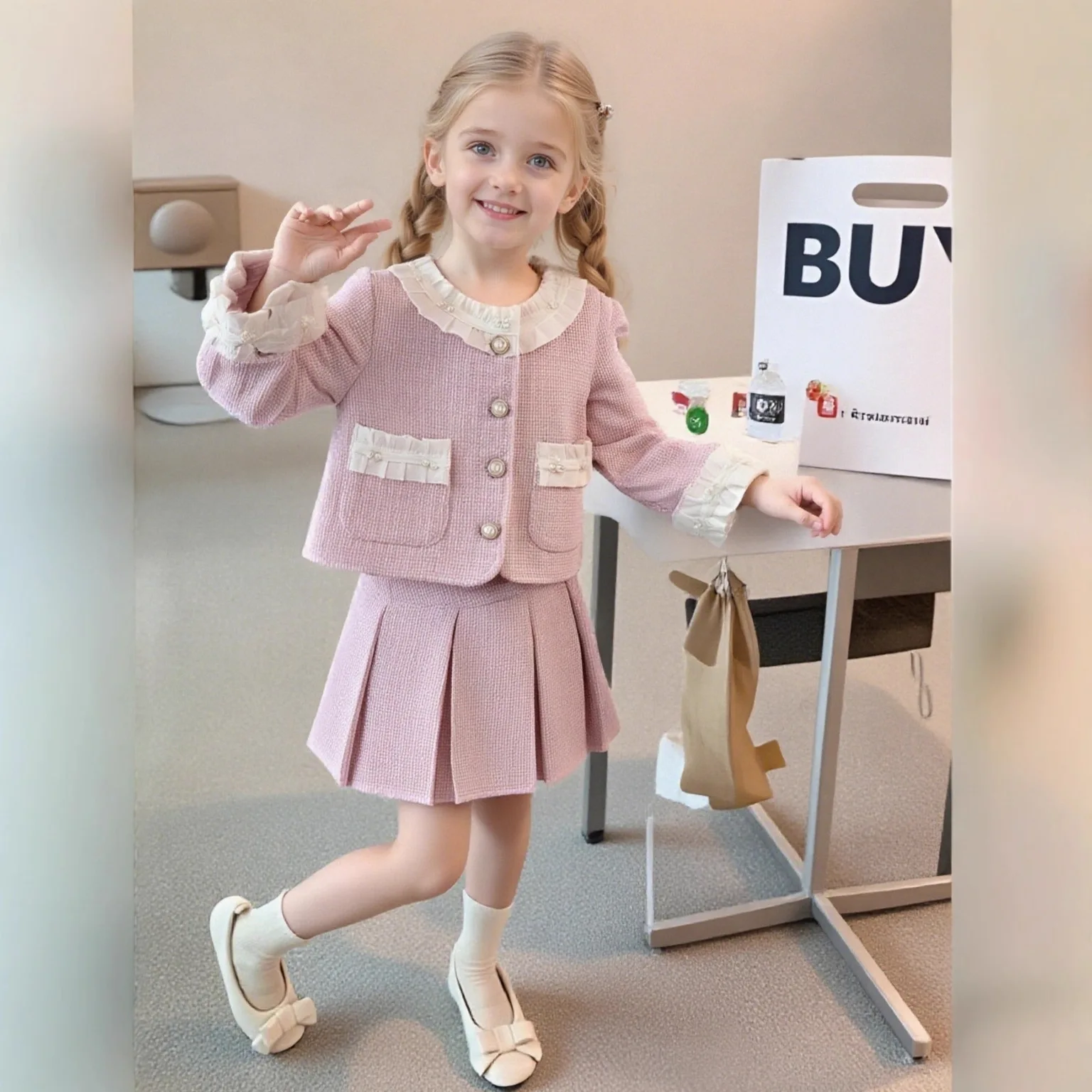 

2025 Children Girls Two-piece Clothes Set Cotton Pink Sweet Infant Baby Girl Cardigan Coat Suit Solid Belle Ruched Skirts Outfit