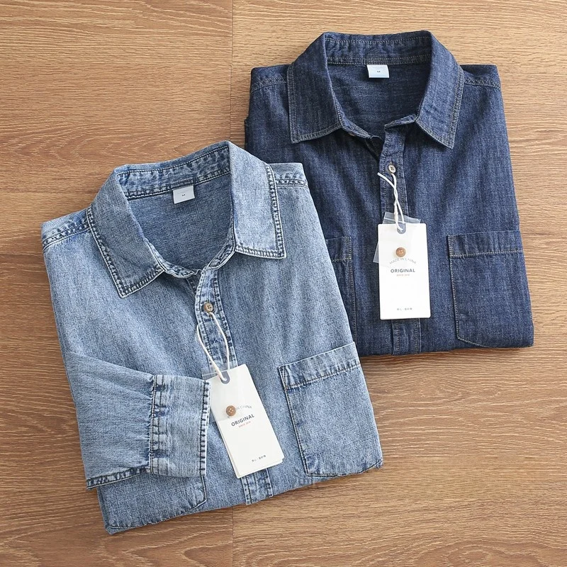 

Autumn Men's Waed Pure Cotton Loose Fit Comfortable Breathable Casual Long Sve Denim irt Workwear Collared Top