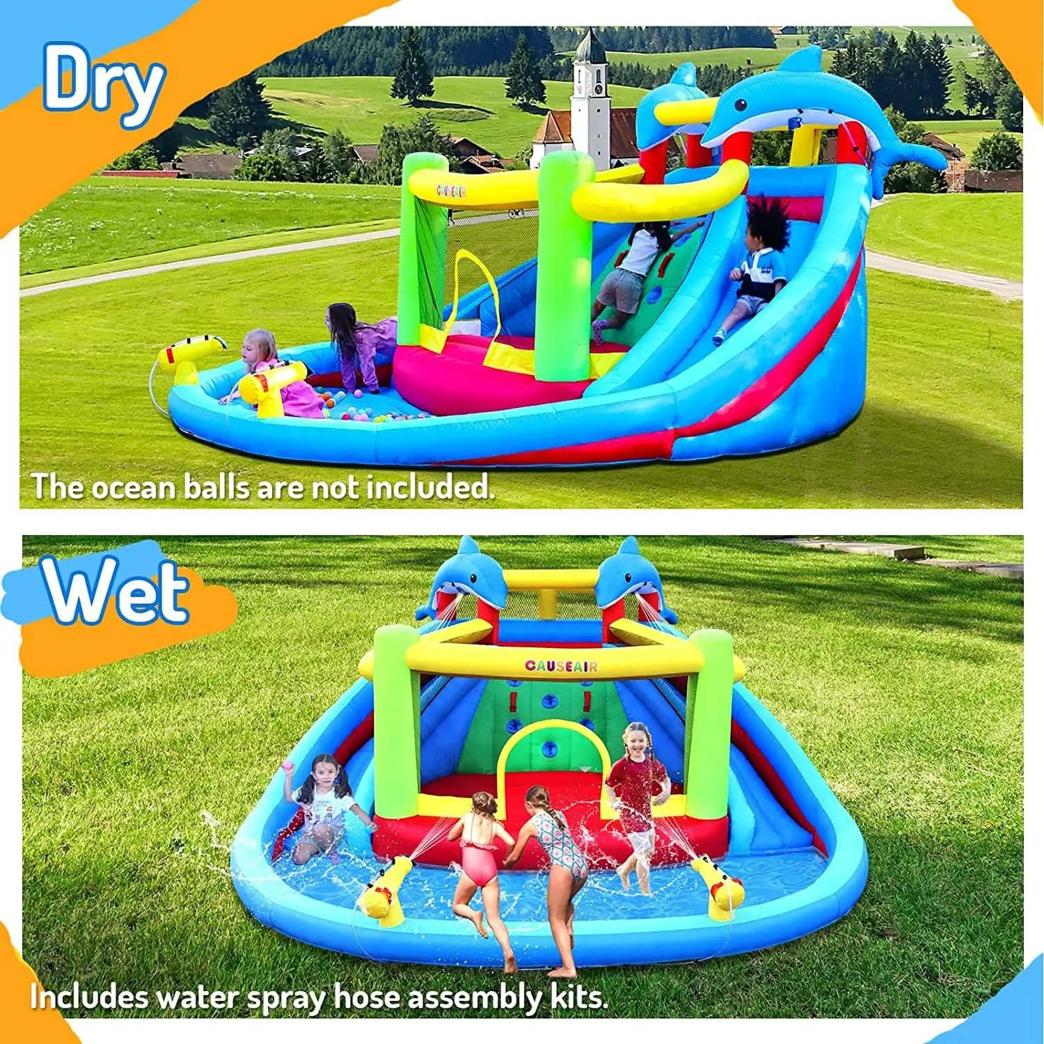 Inflatable Water Slide with Bounce House,Dolphin Styling,Splashing Pool,Double Water Cannon,Climbing Wall,Heavy Duty Air Blower,