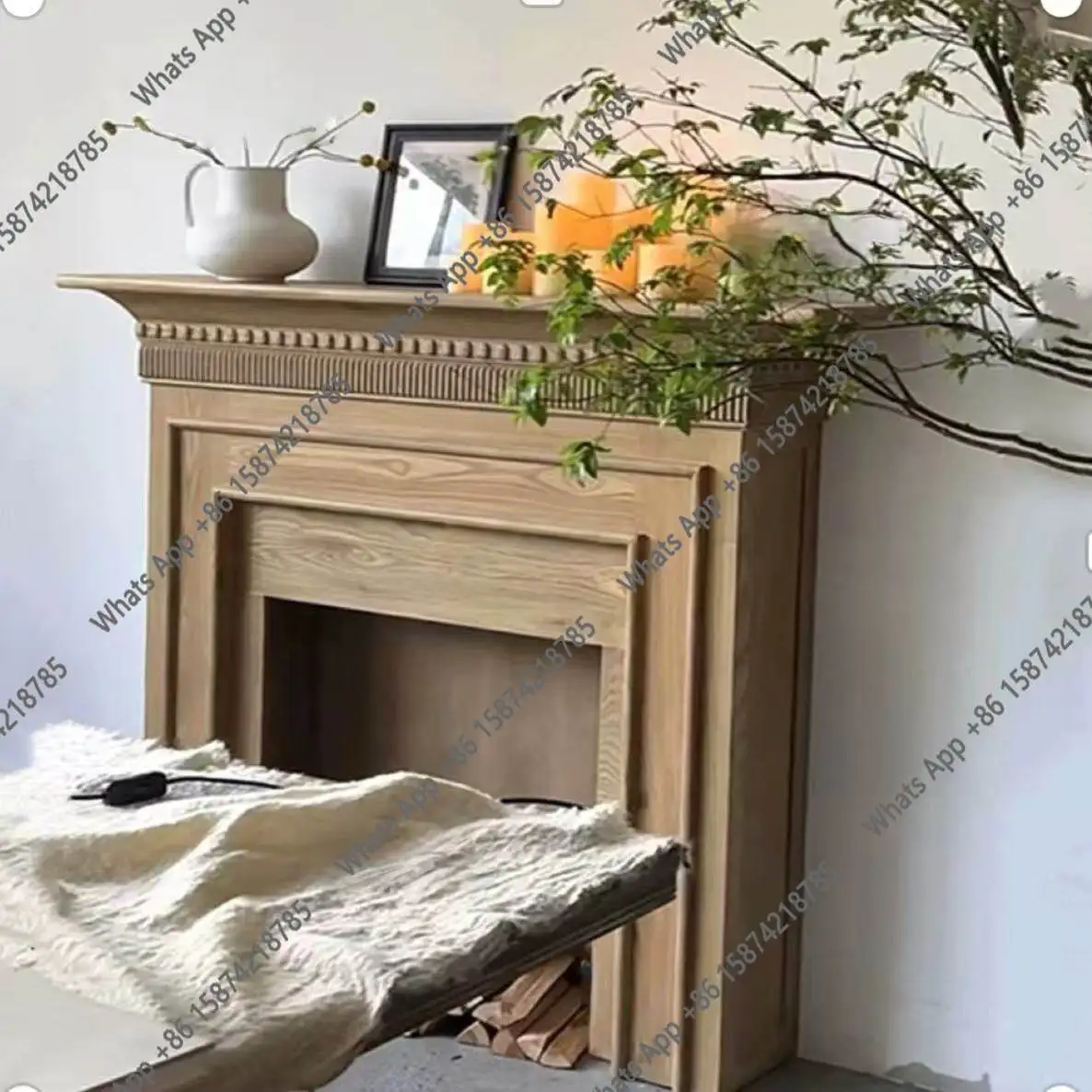 French retro solid wood mantel, living room background wall decorative cabinet, household entrance shelf, simple design side cab