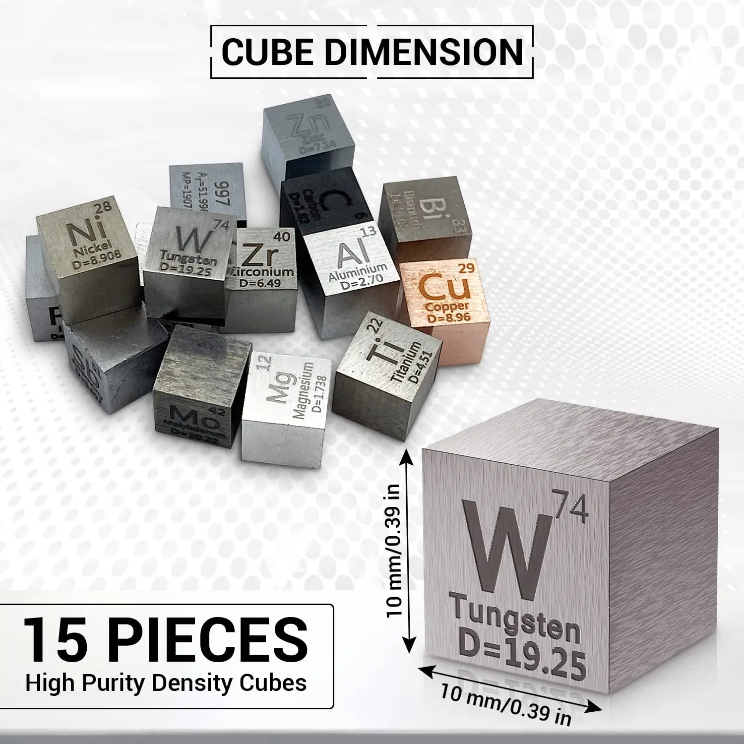 Elemento tallado láser de alta pureza, cubos de elemento de cubo de densidad de tabla periódica, 10x10x10mm