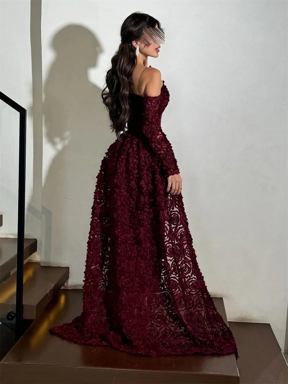 Abito da sera semplice personalizzato in jersey bordeaux Abito da festa sexy a maniche lunghe con scollo a cuore Abiti da ballo con strascico a sirena morbida