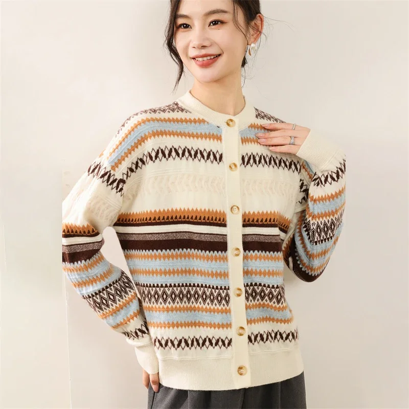 European Retro Autumn Winter Women's Sweater 100% Merino Wool Sweater Cardigan Warm Commut Clothes Grace Knit Geometric Jacquard