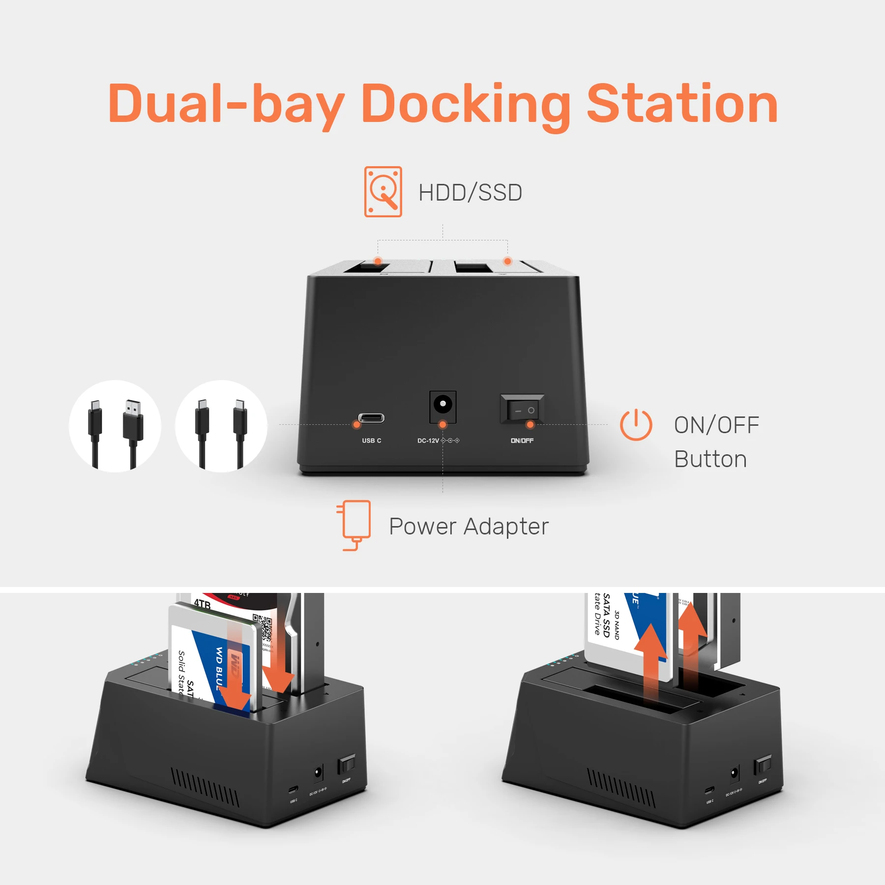 デュアルベイ SATA ハードドライブ ドッキング USB C 3.0 - 2.5/3.5 インチ HDD SSD アダプター ステーション、Windows macOS Linux 用オフラインクローン機能付き