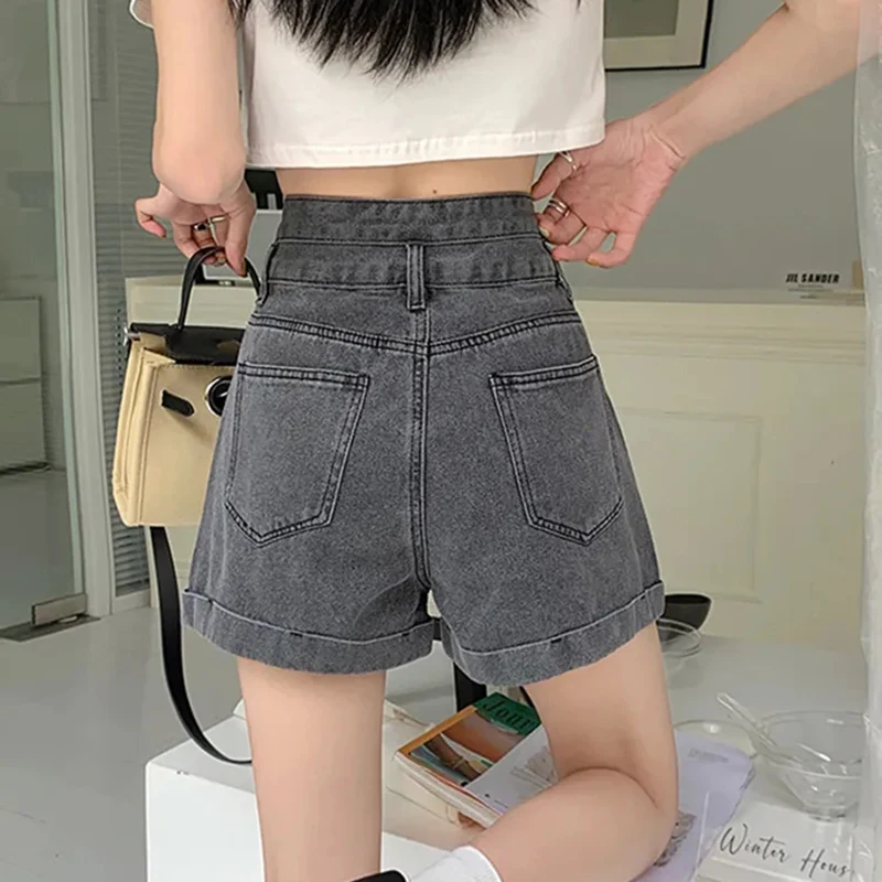 Korean Rolled Denim Shorts Women High-Waisted Button Casual Wide-Leg Shorts Vintage Loose Harajuku Basic Y2K Pocket Jeans