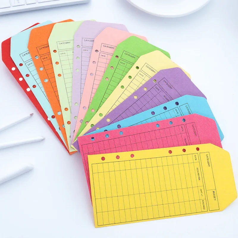 12 buste per contanti in carta kraft colorata, fogli trasferenti per budget compatti, accessori per pianificatore di budget per il monitoraggio dei soldi