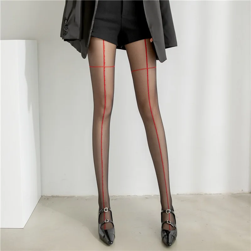 

Women Sexy Vertical Line Tights Female15D Elastic Silk Pantyhose Red + Line Long Socks Mesh Perspective New Fashion Stockings