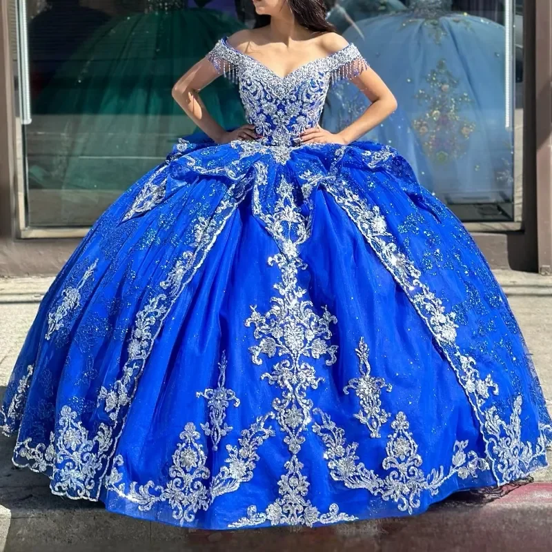 

Мексиканское Королевское синее платье принцессы Quinceanera 2024 с открытыми плечами кружевной аппликацией бисером тюльпан корсет милый 16 Vestidos De 15 лет