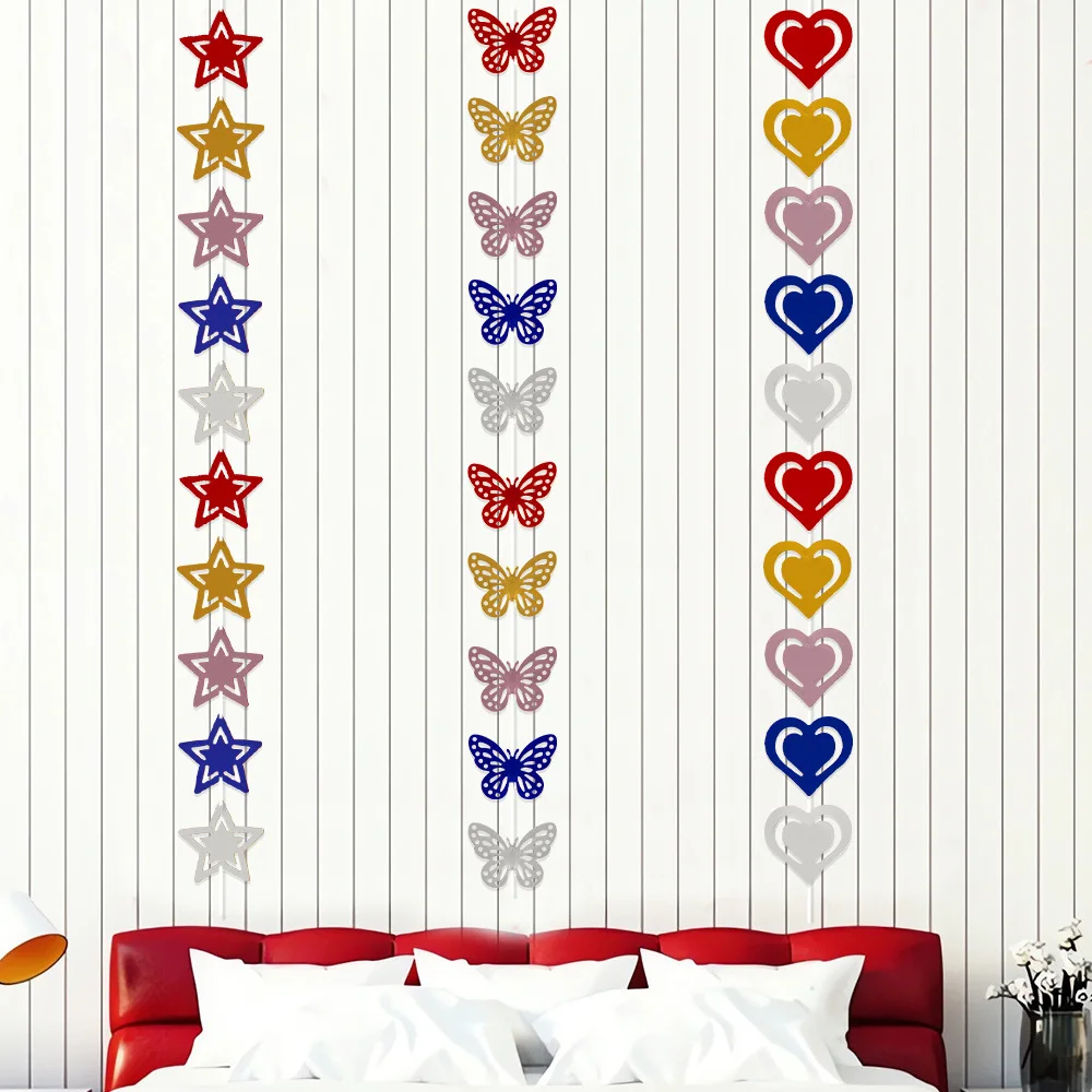 Colorful Five-Pointed Star Heart Hanging String, Wedding, Birthday Party Decoration, Butterfly Background, Wall Hanging Strip P