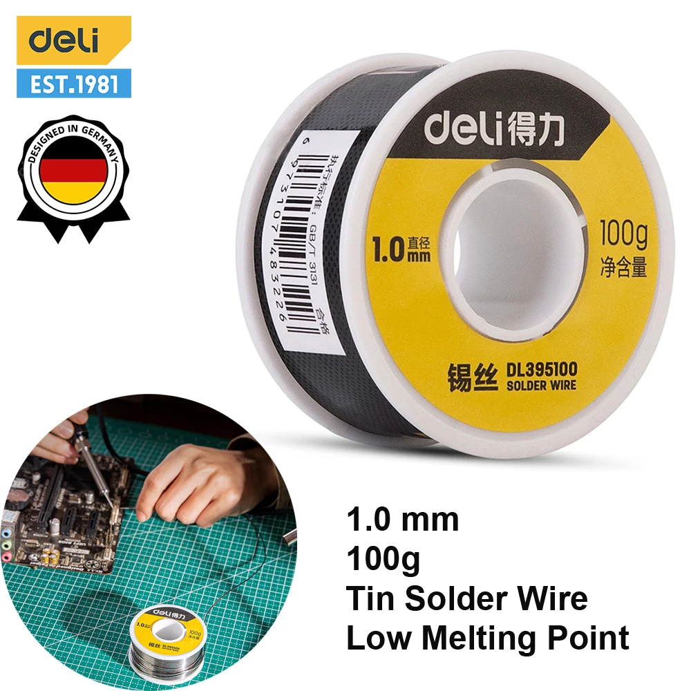 Deli Tin Welding Wires 30% Tin Sn Content 1mm 100g Soldering Wire Melt Rosin Core Solder Soldering Wire Welding Iron Reel