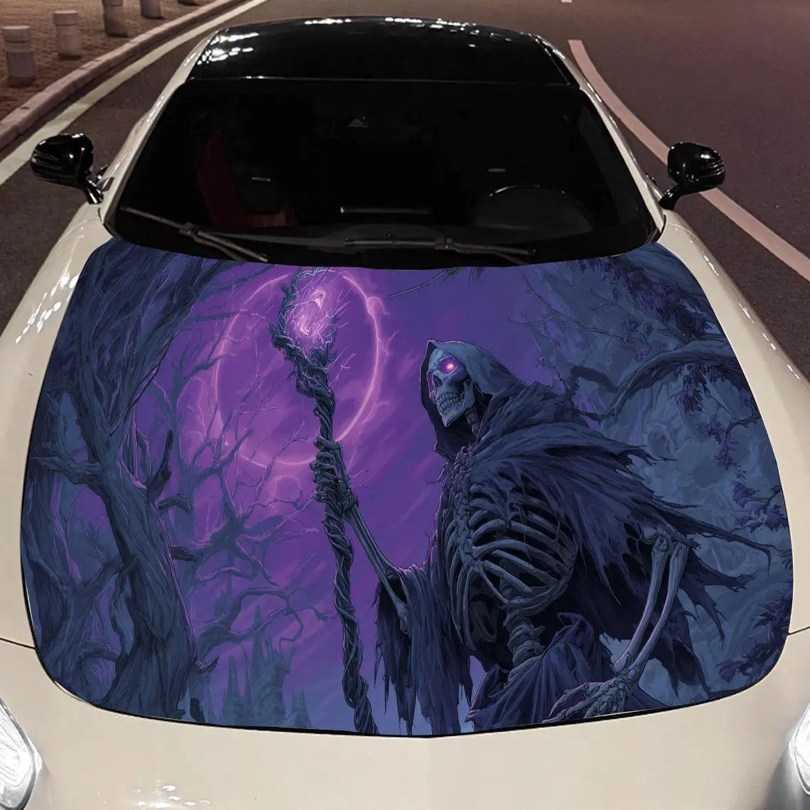 

Странная и волшебная фиолетовая наклейка на капот двигателя автомобиля Grim Reaper, автоматические виниловые обертки, водонепроницаемая самоклеящаяся наклейка на автомобиль, прочная