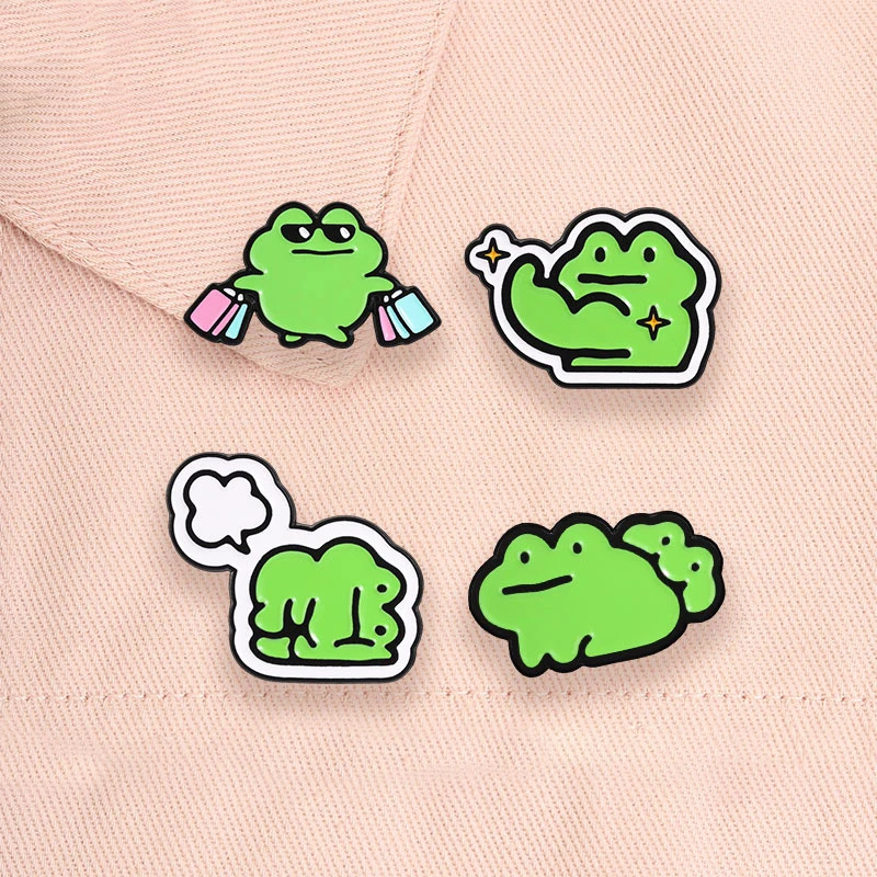 Cartoon Green Frog Enamel Pins Funny Shopping Muscle Frog Cute Animal Brooches Lapel Backpack Badge Jewelry Gifts for Friends