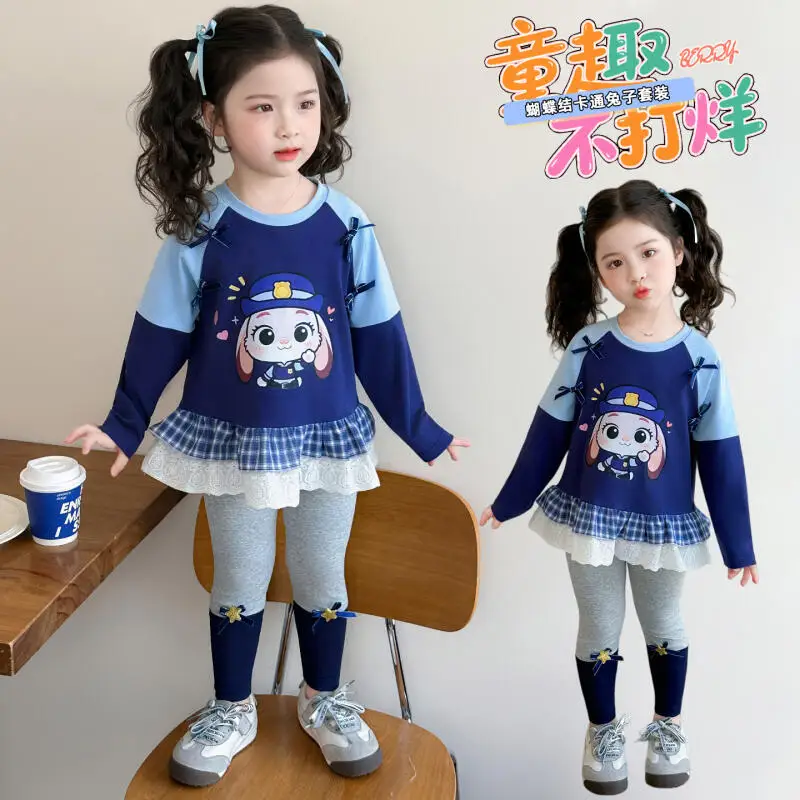 

Kawaii Children's Spliced Mesh Sweatshirt Leggings Suit Spring New Autumn Two Piece Set Girls Fashion Sweet Long Sleeved T Shirt