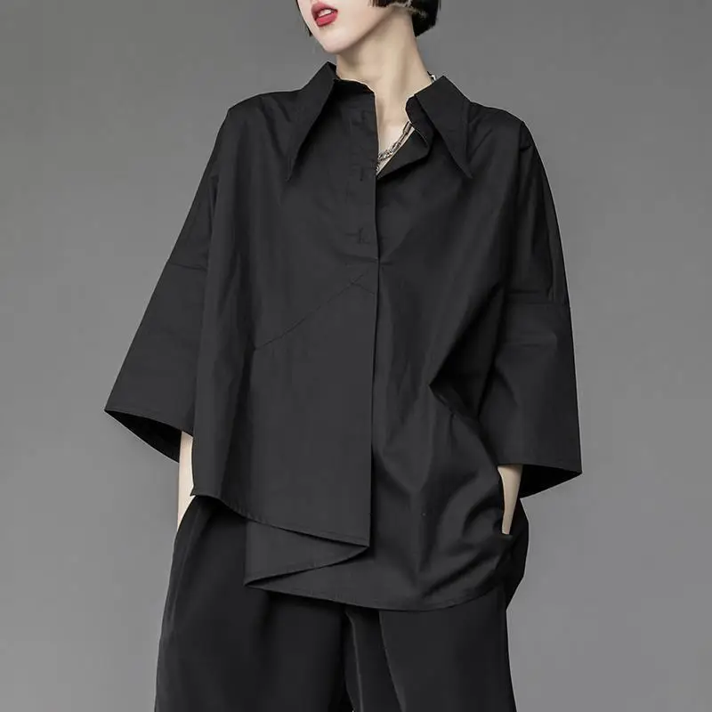 Loose Bla ort Sve Women's irt Summer Lazy Sle Design Sense Asymmetric Seven Sve BF irt Top Collar Pure C...