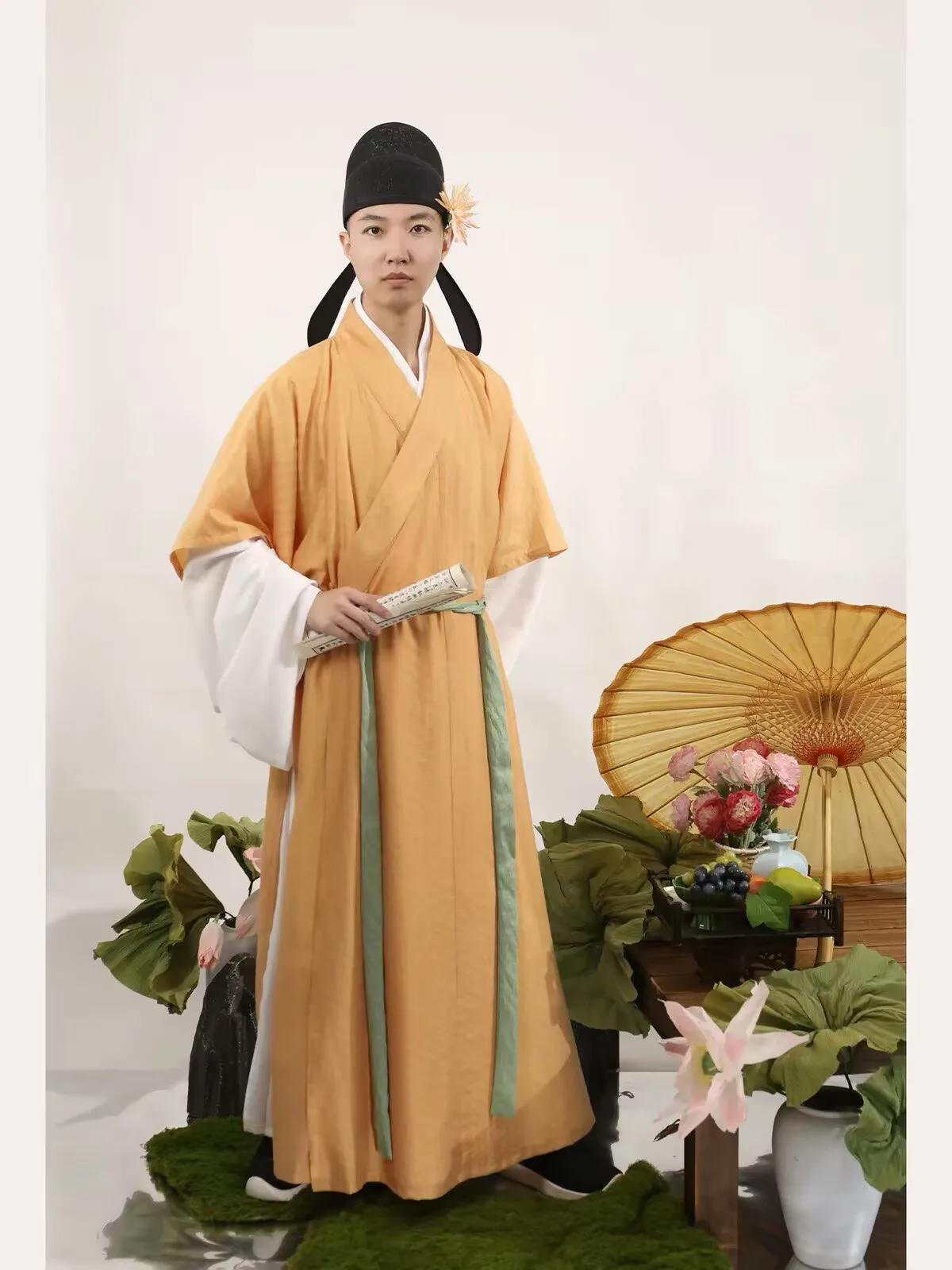 Chinese Men's Song‑Style Scholar Hanfu Robe Yellow Cyan Loose Traditional Costume for Photo Shoot Cosplay Party Cultural Evente