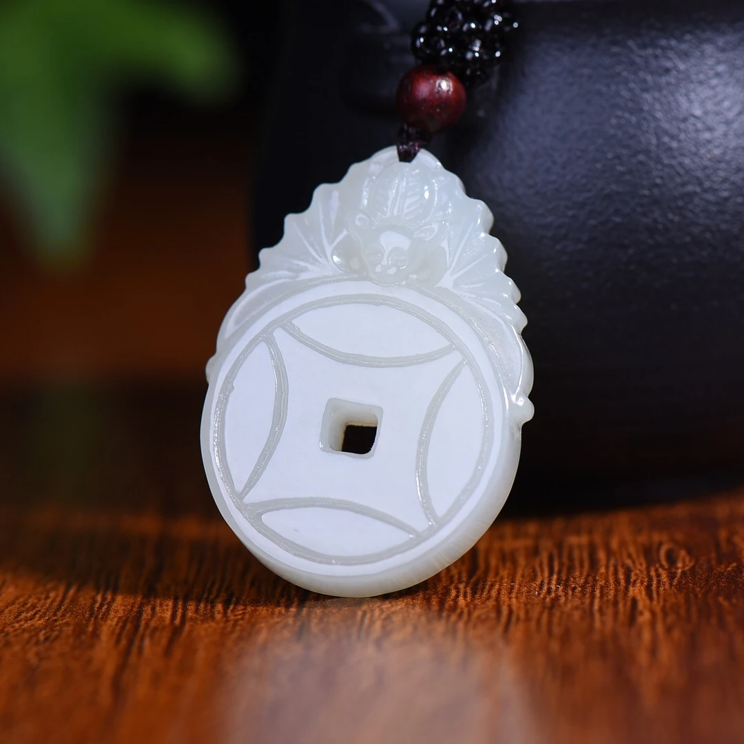 Genuine China Nephrite Stone White Hetian Jade Bat Gold Coin Pendant Lucky Amulet Necklace Men Women Certified Jewelry Gifts