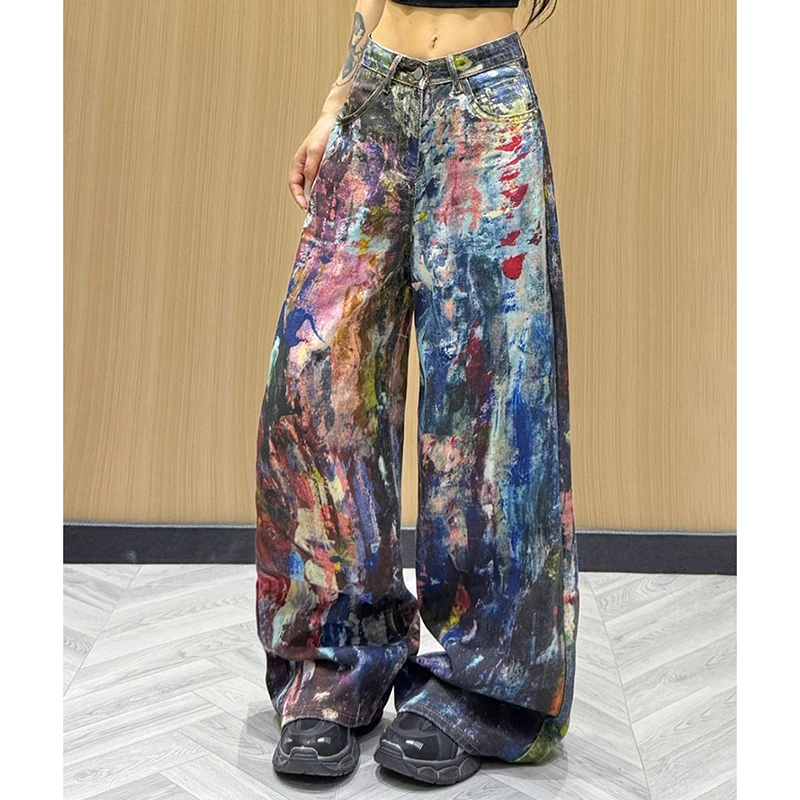 Jeans americani resistenti con schizzi Pantaloni larghi gotici larghi a vita alta da donna Pantaloni dritti casual in denim Hiphop Harajuku
