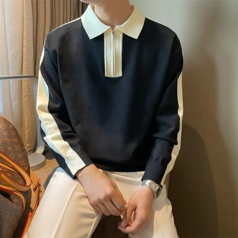 Men's Spring Autumn New Fashion Pullover POLO Neck Zipper Panel Contrast Color Casual Versatile Long Sleeve Slim Fit Shirt Tops