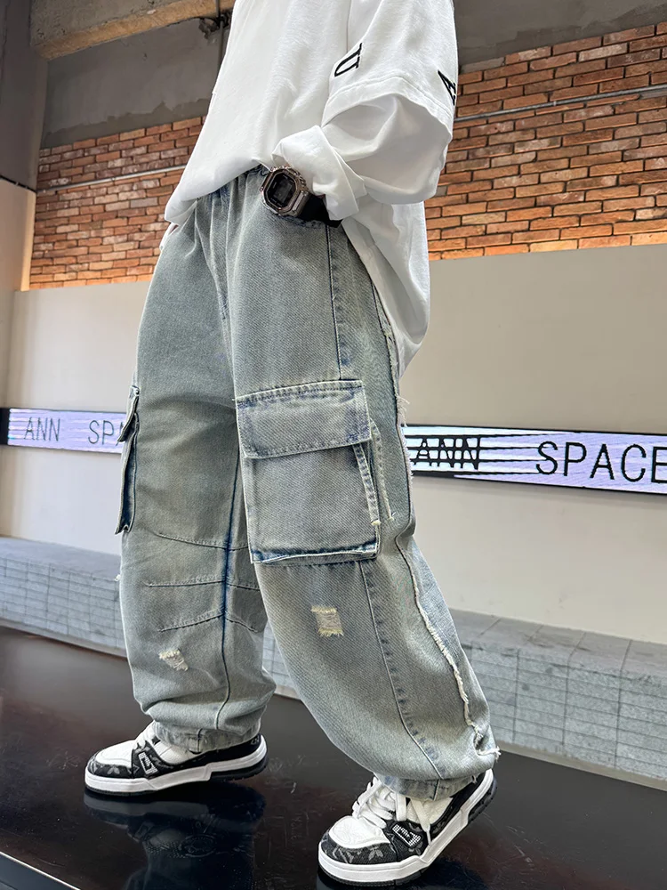 Calças Jeans Casuais para Meninos, Estilo Primavera-Outono, Calças de Trabalho para Crianças, Calças de Perna Larga, Moda Inf...