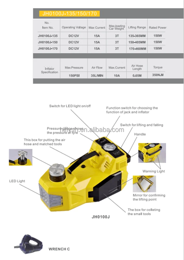 12V DC 3.0T(6600lb) Electric Hydraulic Floor Jack Tire Inflator Pump and LED 3 in 1 Set Electric Impact Wrench