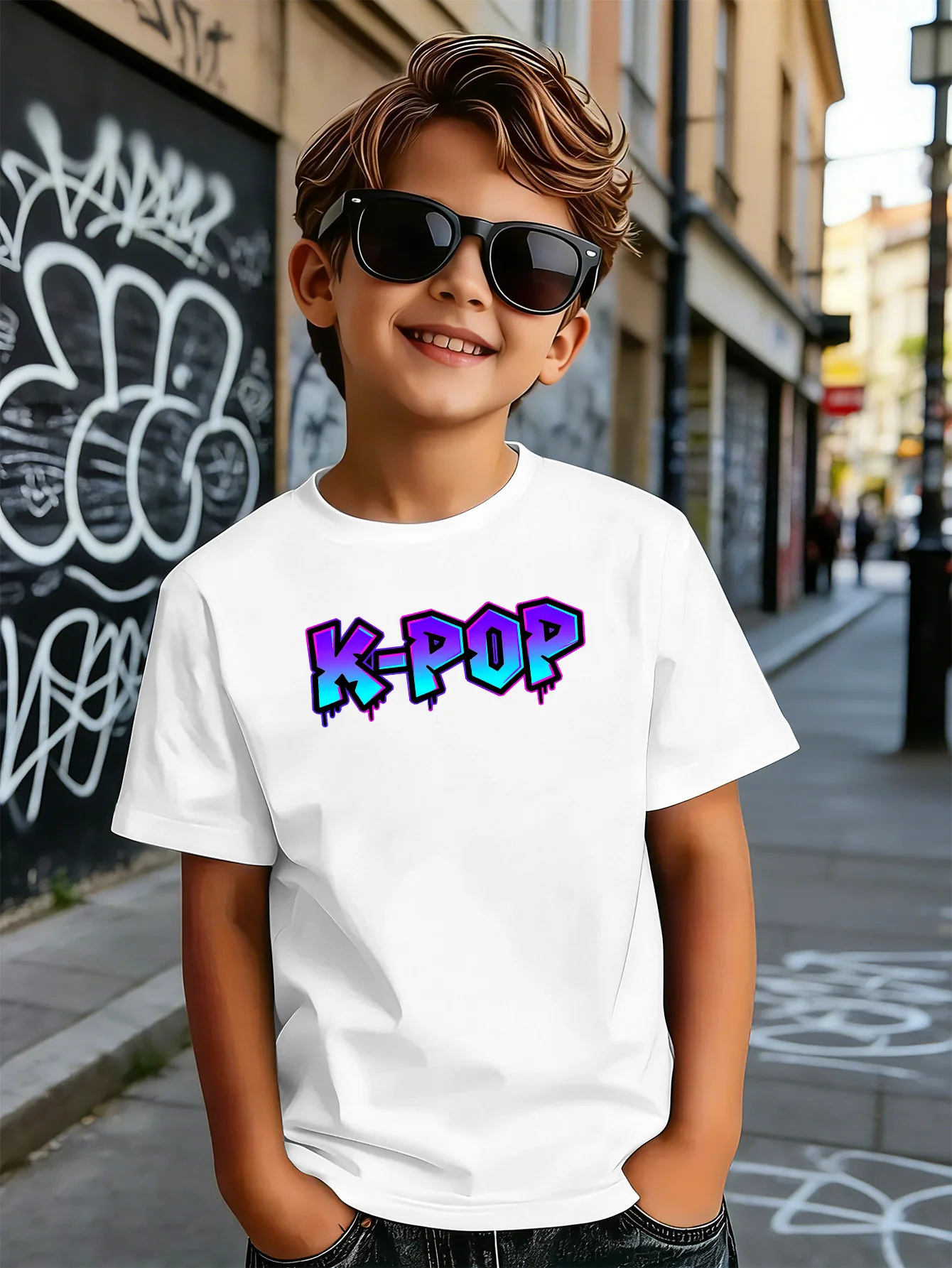 Graffiti Gradient K POP Letter Art Print Boys Girls Family Matching Cotton Short Sleeve Crew Neck Soft Summer Kids Casual Tees