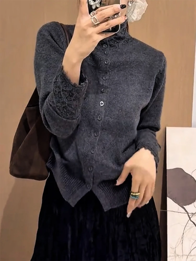 

Ретро-вязаный кардиган с высоким воротником, женский, больших размеров, с цветочным узором, осенне-зимний, новый, теплый, модный