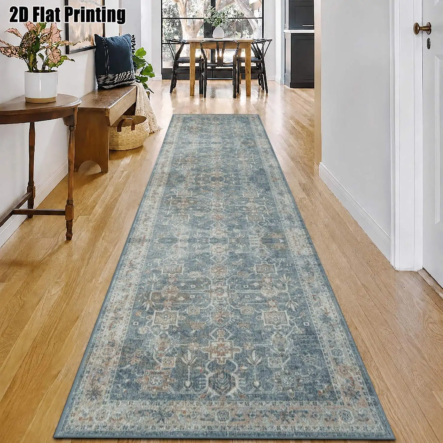 1Pc 2D Printed Striped Runner Rug: Blue-Grey Retro Floral, European/Bohemian/Geometric Style, Machine Washable, Multi Sizes, Ideal for Home Decor, Entrance, Hallway, Living Room, Bedroom