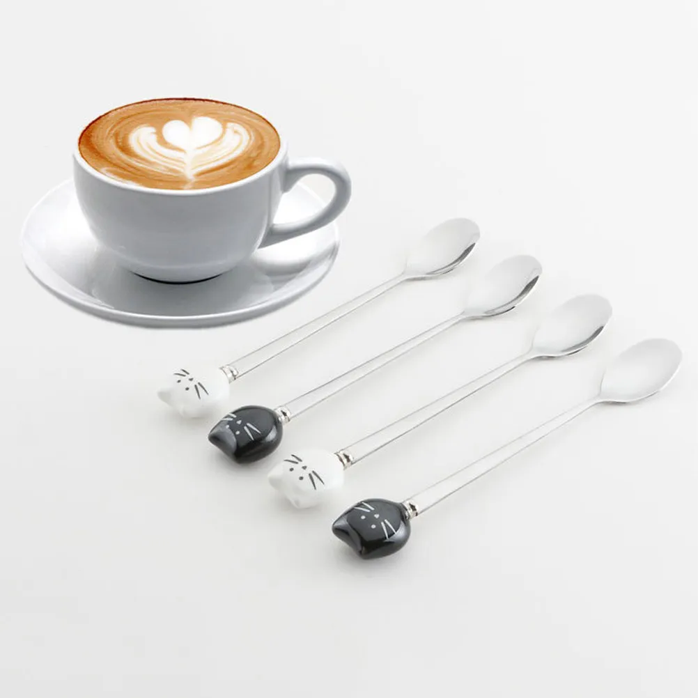 Ceramic and Stainless Steel Cartoon Kitty Stirring Spoon Set – 2-Piece for Coffee, Tea, Milk, Dessert, Fruit