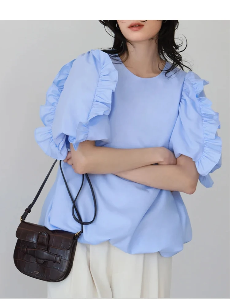 Puff Sleeve Stylish O-neck Loose Female Pullovers Blouses Spring Summer Fashion Short Sleeve Ladies Blouses Shirts Women Tops