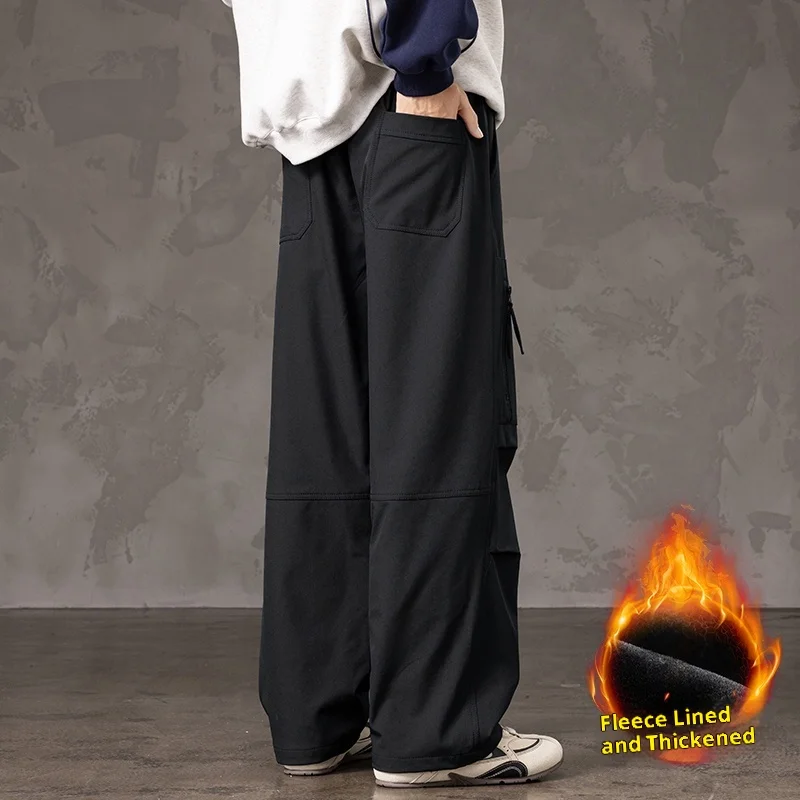メンズ フリース裏地付き 厚手 カーゴ ワイドレッグ パンツ 複数のポケットとジッパーのデザイン、ストリートスタイル、ゆったりフィット、スリムフィット、冬の暖かさと耐寒性、ブラック どんなスタイルにも万能、日常の外出に最適