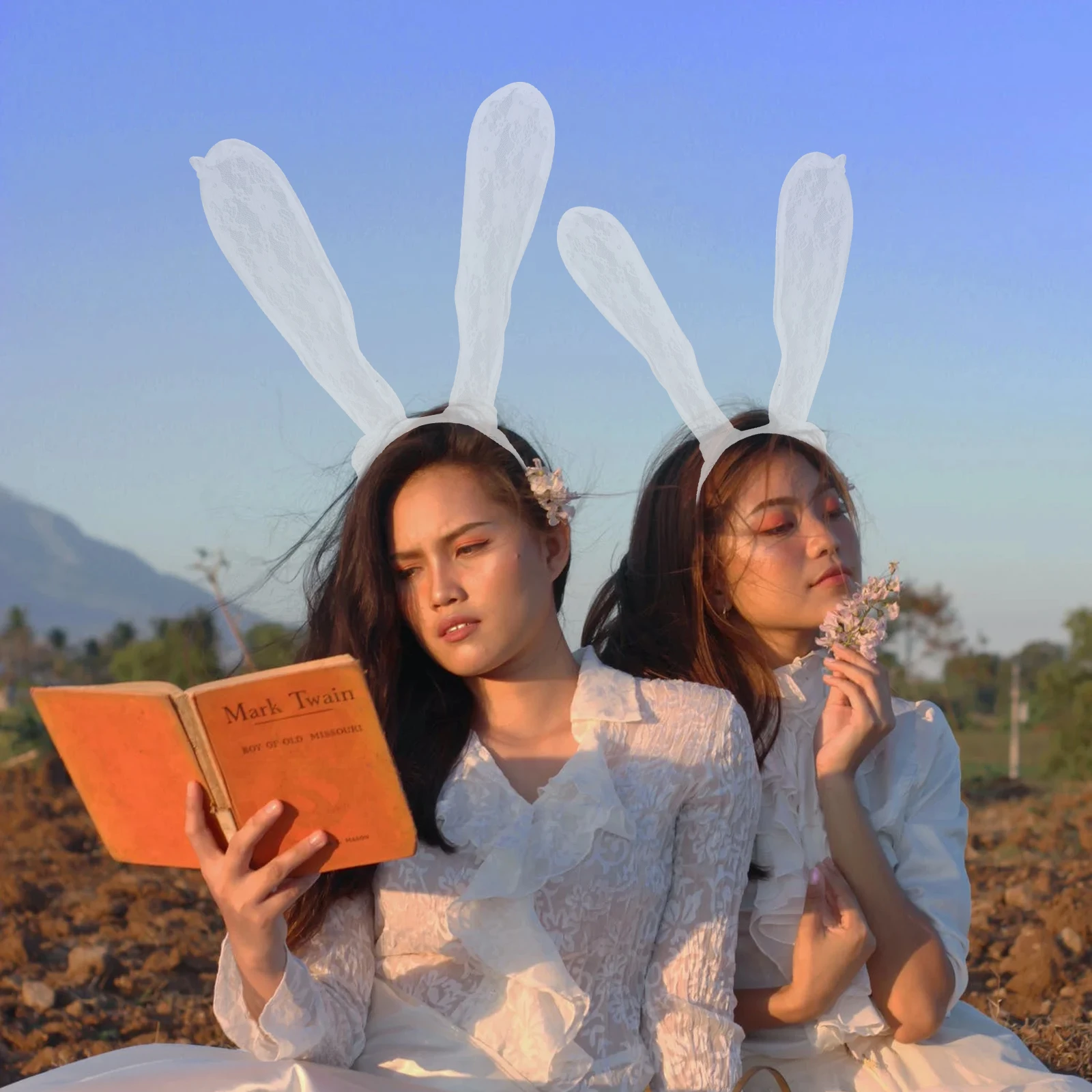 

Sexy Lace Bunny Ears Headband With Black Netted Veil For Women Cosplay Party Masquerade Halloween Dress Up Accessory White