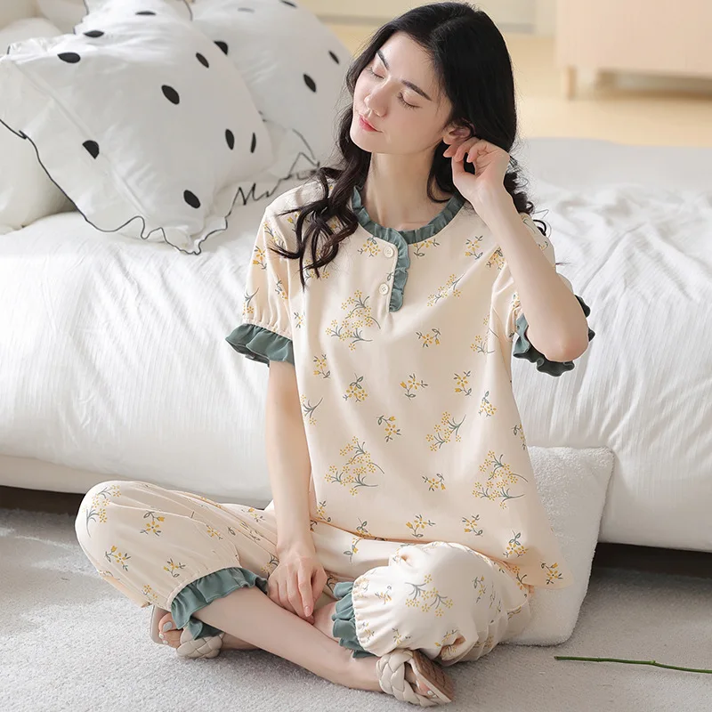 Spring And Summer Women\'s Pajamas Short Sleeve Capri Pants Girls Vintage Home Clothes Cotton Loose Casual Suit Summer