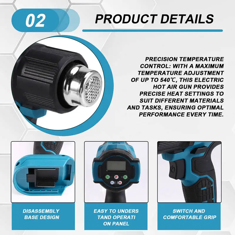 Pistolet thermique sans fil 540 ℃   Pistolet à Air chaud électrique, réglage de la température, affichage LED, vitesse du vent à 4 vitesses, pour batterie 18V