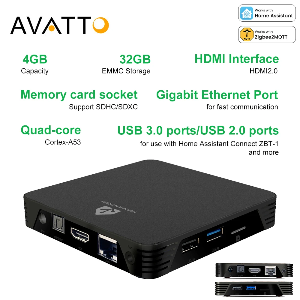

AVATTO Smart Home Assistant Box Черный шлюз с портами USB 3.0/2.0, 4G Plus 32G Четырехъядерный процессор Cortex-A53 Поддержка ZigBee2MQTT, ZHA