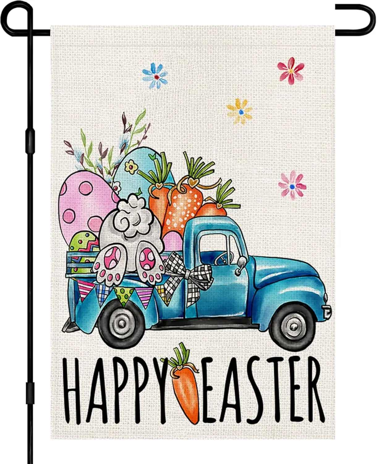 Happy Easter Garden Flag 12x18 Inch Double Sided Burlap Blue Truck Rabbit Eggs, Small Yard Flags for Outside Farmhouse Holiday S