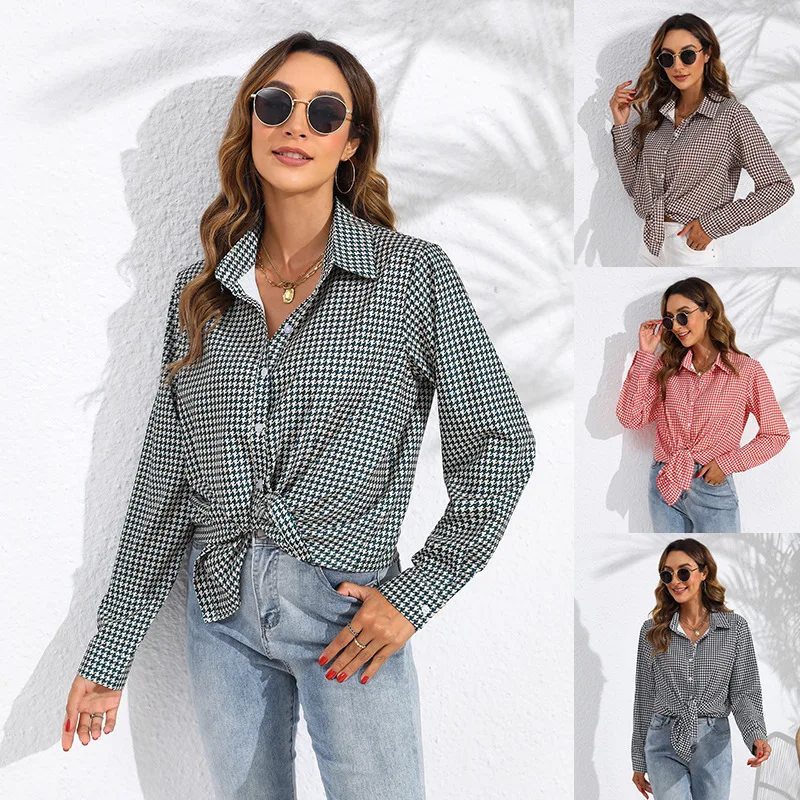 Women's Casual Long Sve  irt Spring Autumn Plaid Loose Fit Printed Ele Sle Cross-Border Faion Top