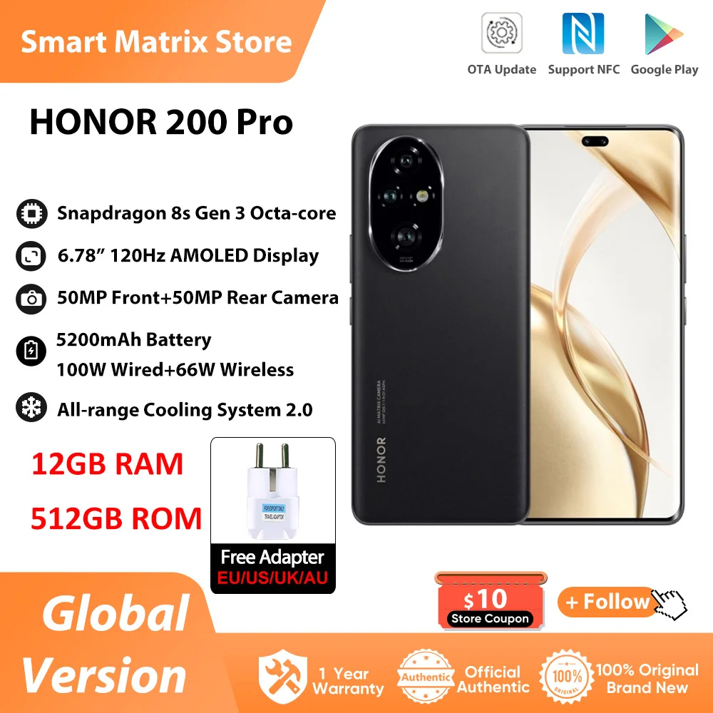 HONOR 200 Pro Global Version 6.78'' 5G Smartphone Snapdragon 8s Gen 3 120Hz AMOLED Display Support 100W SuperCharge